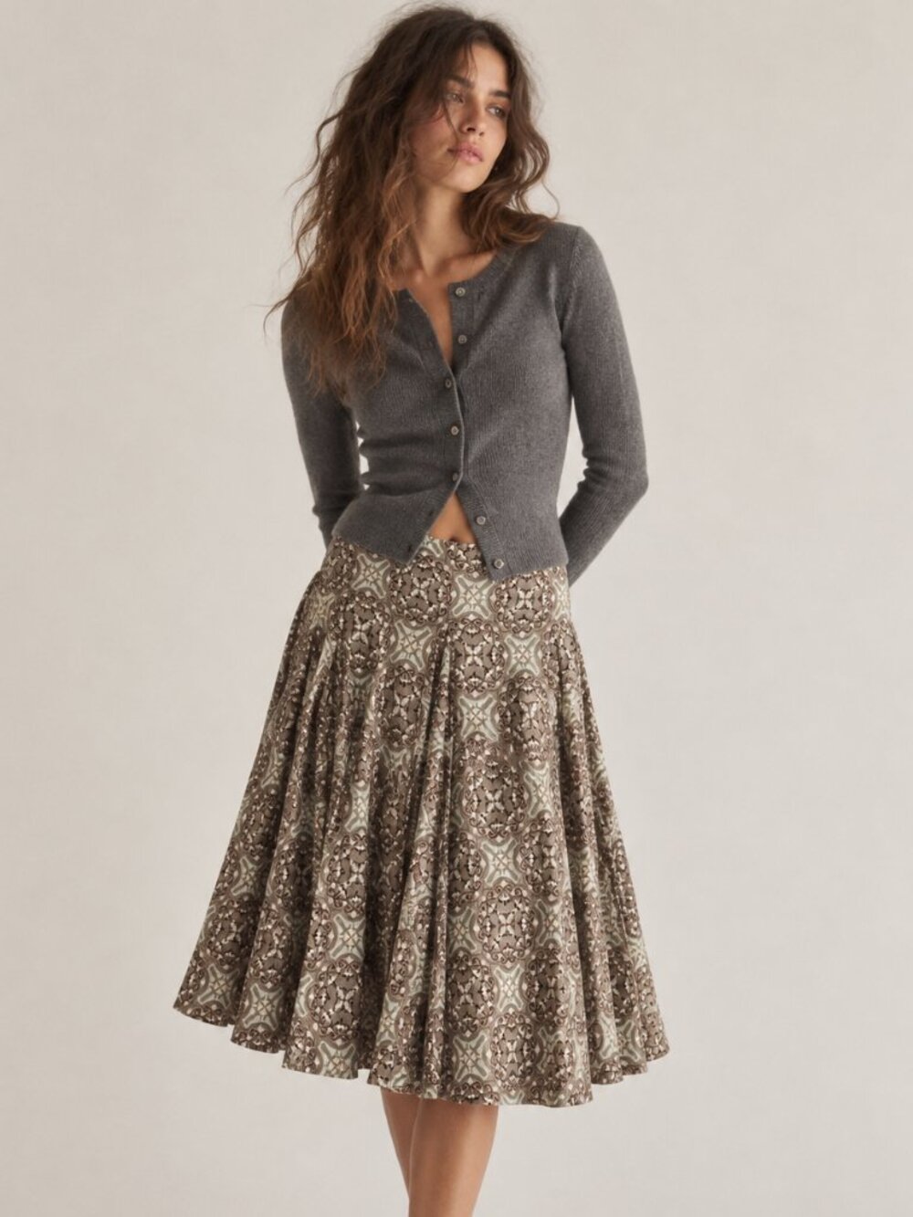 Vintage a.n.a. Cotton Pleated Midi Skirt Y2K Boho Tile Print Cottagecore Size 6